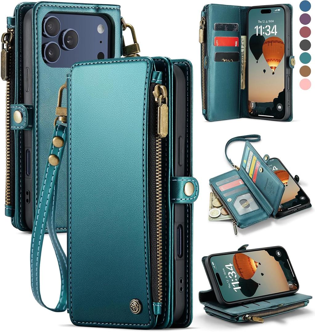 Defencase for iPhone 17 Pro Max Case Wallet with RFID Blocking Card Holder for Women Men, Fashion PU Leather Magnetic Snap Flip Zipper Strap Wallet Phone Case for iPhone 17 Pro Max 6.9", Blue Green