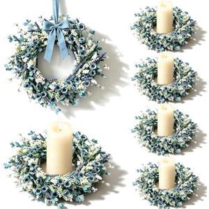 6 Pcs Small Blue Daisy Flower Candle Rings Wreaths Mini Pillar Candle Holder Wreath with White Floral Eucalyptus Leaves Lavender Artificial Spring Grains Wreath for Home Kitchen Table Cnterpieces