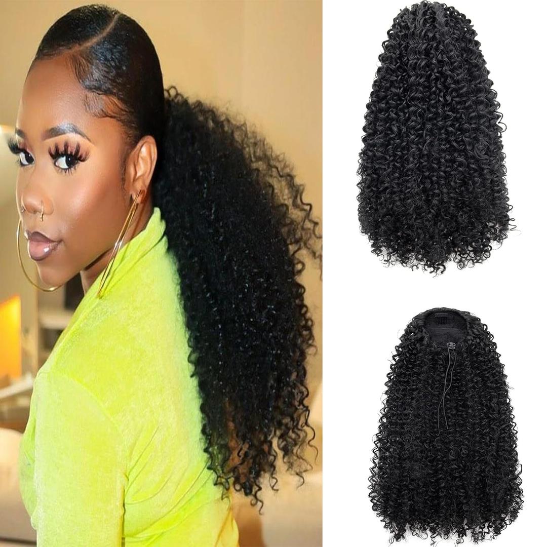Curly Ponytail Extension for Black Women,18Inch Drawstring Curly Ponytail Extension, Synthetic Afro Kinky Ponytail for Daily Use (1B, 18Inch)