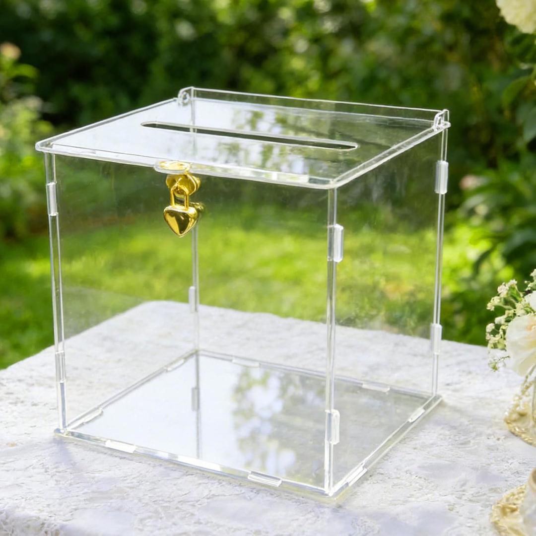 Clear Acrylic Card Box with Lock & Slot, DIY-Friendly Wedding Card Boxes for Reception Cash Gift Monetary Envelope, Elegant Gift Card Holder Box for Graduation Bridal Shower Party Table Decor