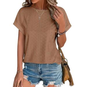 YeonYoonA Women's Eyelet Embroidery Short Sleeve T-Shirt Summer Fashion Clothes Loose Fit Casual Holiday Blouse T Shirt (Brown, S)