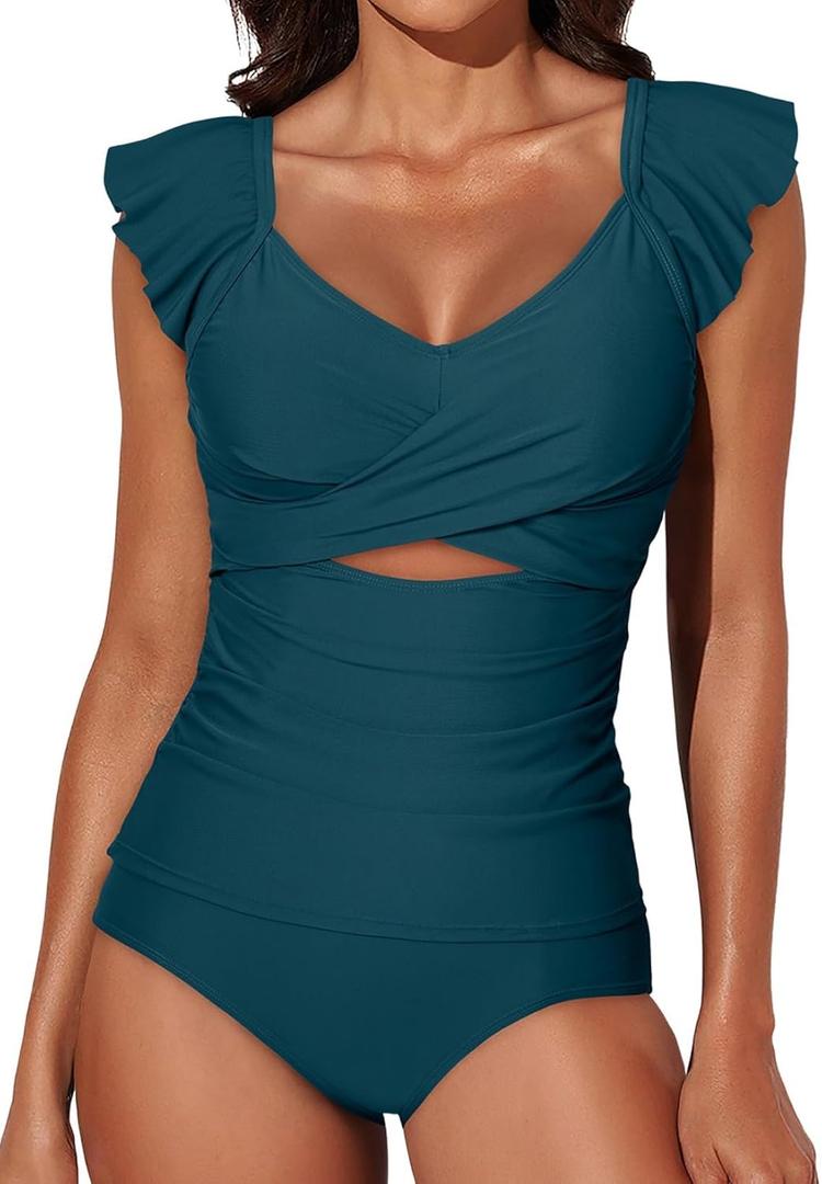 Aleumdr Two Piece Tankini Swimsuits for Women Cutout Tummy Control Bathing Suit Ruffled V Neck Tank Tops with Bottom (Large, Green)