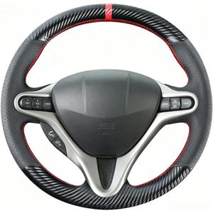 Kivnto DIY Stitching Carbon Fiber Steering Wheel Cover for Honda Civic 8th Generation 2006 2007 2008 2009 2010 2011 3 Spokes 13.5-14.5 inches Leather Interior Accessories