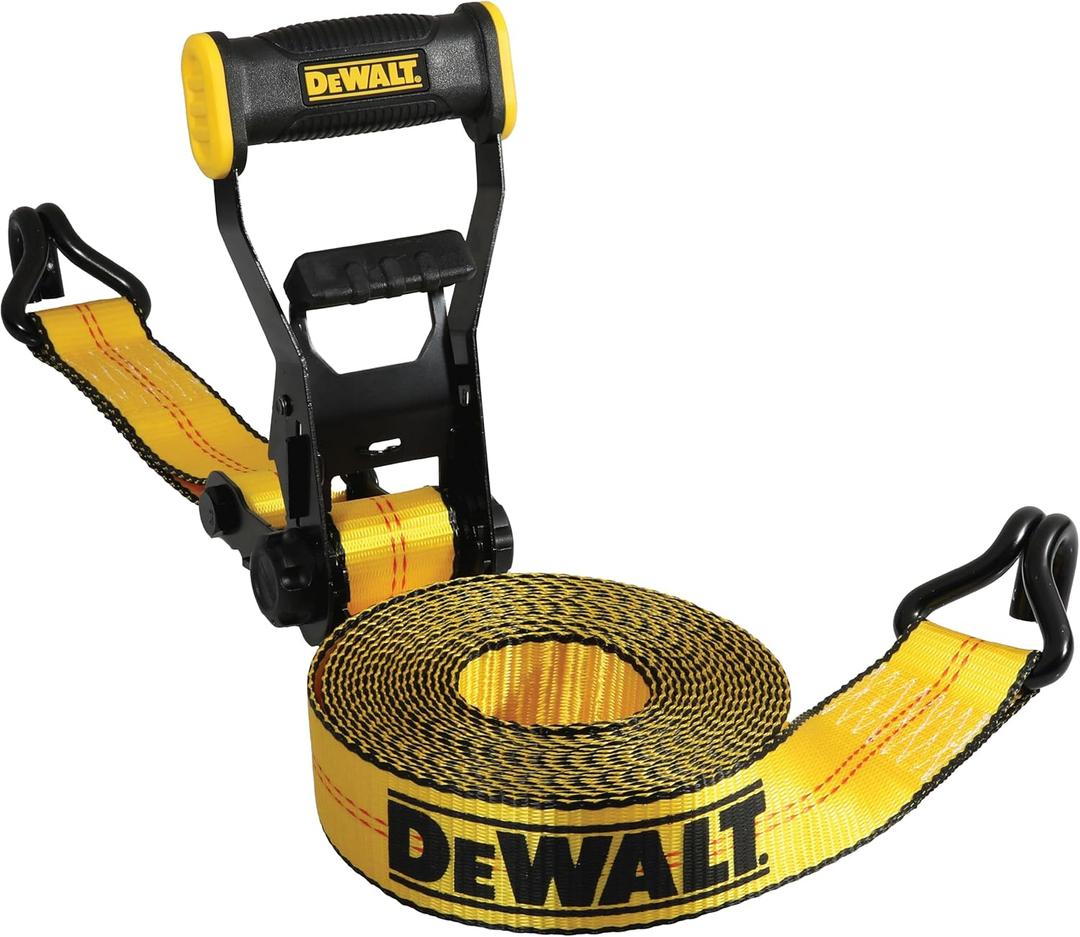 DEWALT DXBC10000J Black/Yellow 2" x 27' Ratchet Tie Down Strap with Double J-Hook - Heavy-Duty Cargo Hauling (10,000 lb Break Strength)
