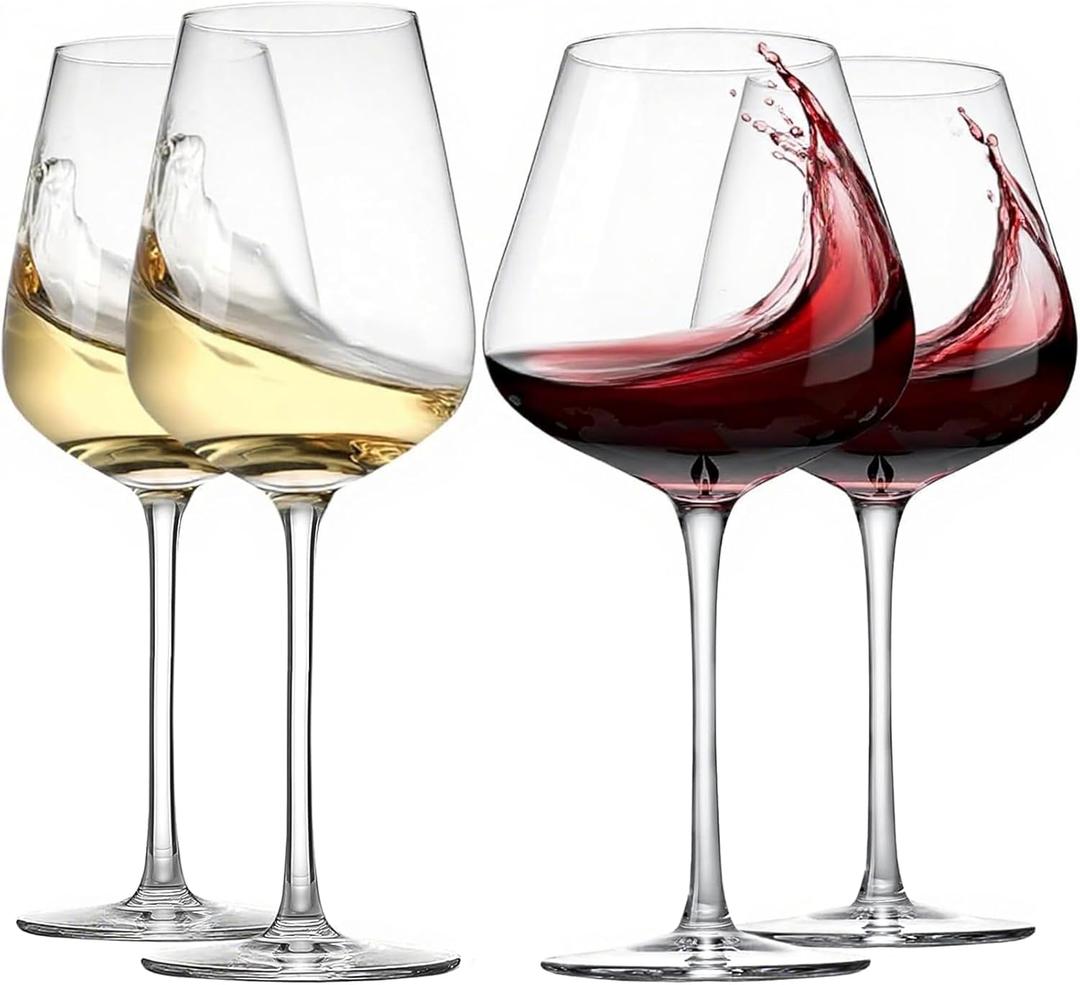 Physkoa Wine Glass Set of 4  2 Red (22oz) & 2 White (14oz) Hand-Blown Crystal Glasses, Perfect Gifts for Birthday, Wedding & Housewarming Mother's Day