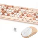 Wireless Keyboard and Mouse Combo, Retro Typewriter Keyboard with Round Keycaps, 2.4GHz USB Cute Wireless Keyboard Mouse for Computer, Desktop, Laptop (Milk Tea Colorful)