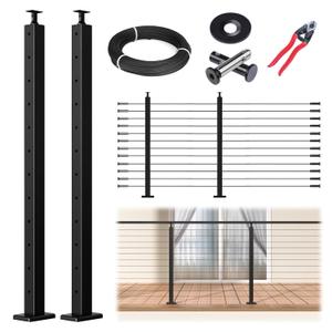 Muzata 5-10FT Modular Black Cable Railing Kit 42 Inch 2 Level Post Kit Complete Set Cable Railing System for Decks Length Adjustable Easy DIY with Paper User Guide (No Handrail) RWS1 BH4L