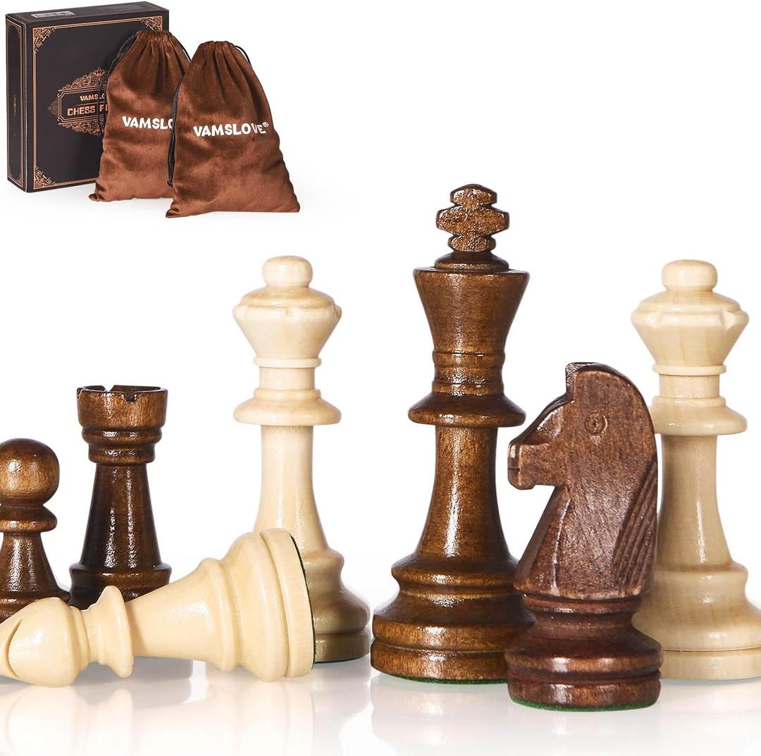 Vamslove Wooden Heavy Weighted Chess Pieces Only-3.8'' King-Extra 2 Queens-34 Wood Tournament Chessmen for Chess Set,Velvet Storage Bags Included