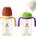 Piifur Sippy Cups for Toddlers 1-3 No Spill Straw with Handle Water Bottle 2 Pack 10 Ounce Green&Beige