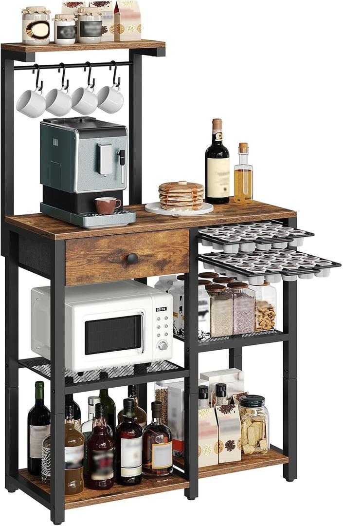 Bakers Rack with Storage, 5-Tier Coffee Bar Station with Drawer, Kitchen Coffee Stand with Pod Drawer Holder, for Living Room, Home Cafe, Kitchen, Rustic Brown KF60BRY1