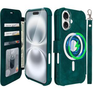 VANAVAGY Compatible for iPhone 16 Wallet Case for Magsafe Wireless Charging, PU Leather Flip Folio Wrist [Glass Screen Protector & Camera Lens Protector] with RFID Block Card Holder,Midnight Green