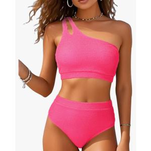 High Waisted Ribbed Bikini Swimsuit - Women Two Piece Bathing Suit One Shoulder Swimwear 2025, Pink, M