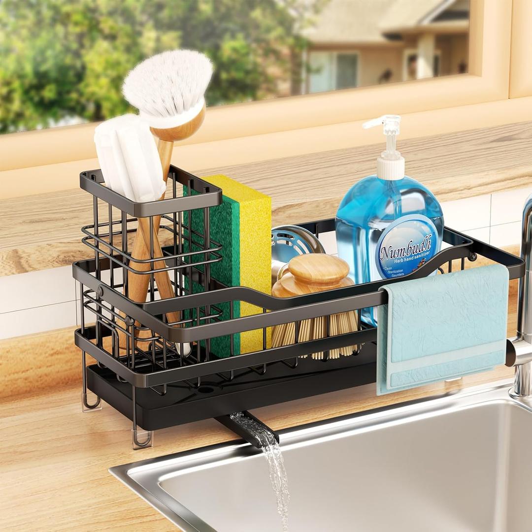GUUKAR Sponge Holder for Kitchen Sink, Self-draining Sink Organizer with Brush Holder, Metal Kitchen Sink Organizer for Countertop, Black