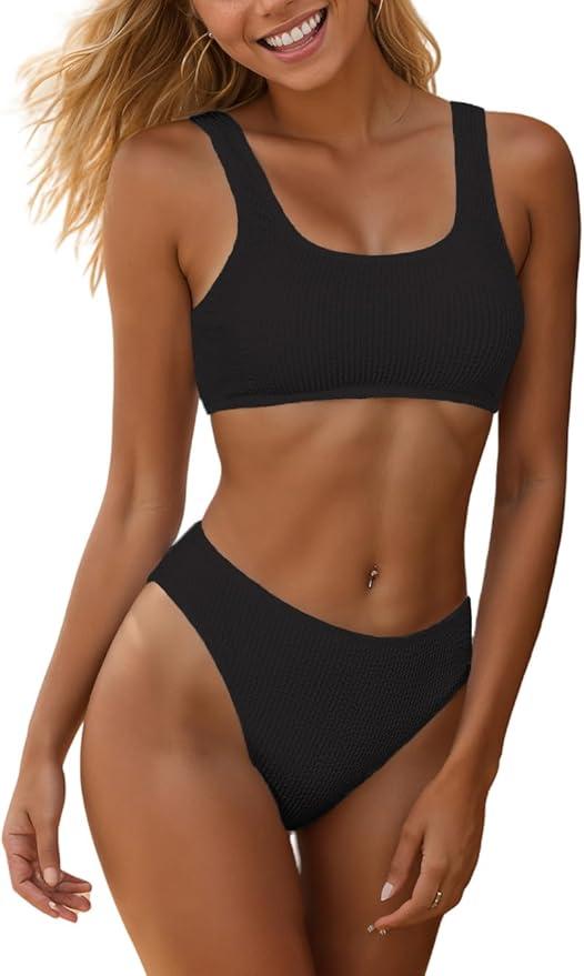 YIMISAN Women's Ribbed Two Piece Bikini Sets Wide Shoulder Strap Top Swimsuit with Mid Waist Cheeky Bathing Suit
(XS)