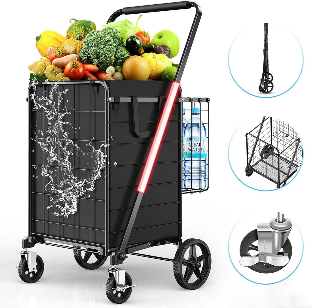 Large Folding Shopping Cart with Swivel Wheels & Brakes - 420lbs Foldable Rolling Grocery Cart with Double Basket & Waterproof Liner, Portable Heavy Duty Utility Carts for Laundry