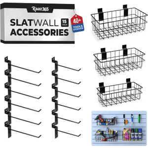 Raaz365 Slatwall Accessories Kit with Multi-Sized Slatwall Baskets and Slat Wall Hooks (15 Pack)