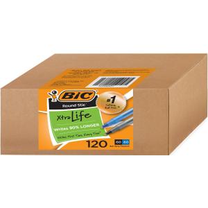 BIC Round Stic Xtra Life Pens, Medium Point 1.0 mm, 60 Black & 60 Blue Pens, Pack of 120