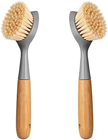 2 Pack Kitchen Dish Brush Bamboo Handle Dish Scrubber Built-in Scraper, Scrub Brush for Pans, Pots, Kitchen Sink Cleaning, Dishwashing and Cleaning Brushes are Perfect Cleaning Tools, Color-Gray