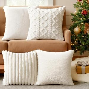 Christmas Pillow Covers 18x18 Set of 4: Plush Cream Pillow Covers , Farmhouse Bohemia Cushion Case, Rustic Faux Fur Beige Throw Pillow Covers for Home Couch Sofa Bed Indoor Christmas Decorations