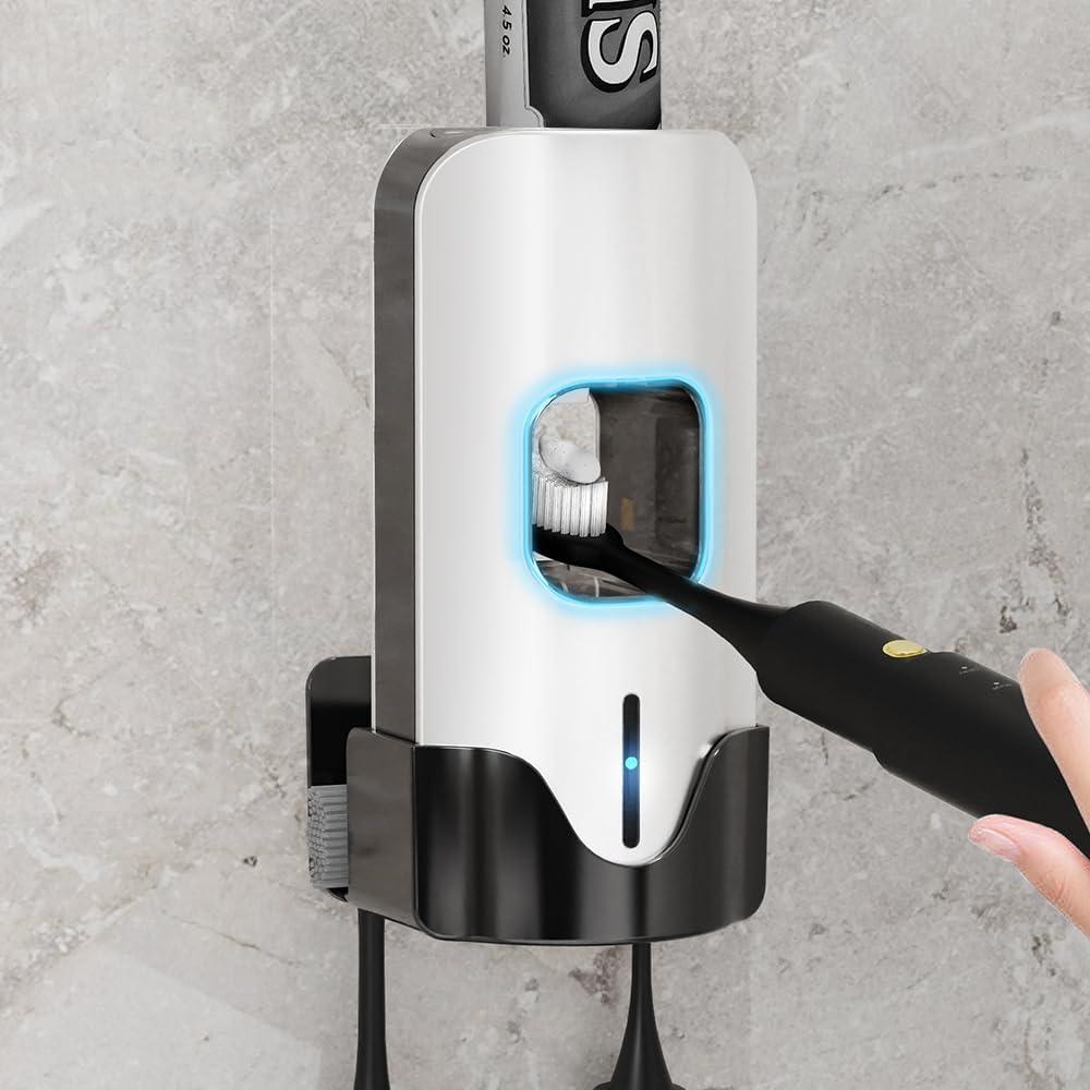 Toothpaste Dispenser, Smart Automatic Toothpastes Dispenser Wall Mounted for Bathroom, 3 Lavel Tooth pastetooth Paste Dispenser for Kids, Toothpaste Squeezer w/ 2 Toothbrush Slots White