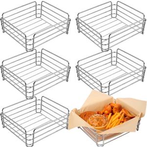 Blulu 6 Pcs Wire Bread Baskets for Serving 9.8 x 8.5 x 3.7 Inch Small Metal Chrome Rounded Square Silver Fast Food Basket Storage for Fruits Bread Burger Serving Organizing