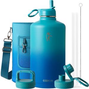 Coolflask 128 oz Gallon Water Bottle Insulated with Straw & 3 Leakproof Lid | Large Water Jug Stainless Steel Triple-Wall, Cold 48+h/Hot 24+h, Dishwasher Safe, BPA-Free, for Outdoor Gym & Hiking