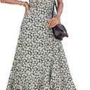 PRETTYGARDEN Women's Summer Maxi Dress Casual Wrap Floral Boho Short Sleeve V Neck Split Ruffle Beach Long Dresses (Black White Floral)