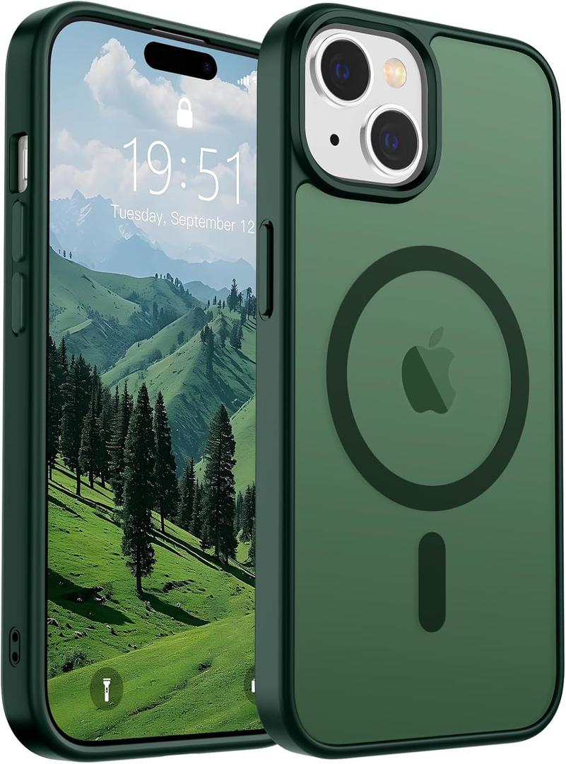 SUPFINE Magnetic for iPhone 15 Case (Compatible with MagSafe) (Military Grade Drop Protection) Slim Translucent Matte Shockproof with Anti-Fingerprint Phone Case, Forest Green