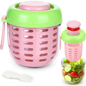 Juome Salad Pod with Dressing Container - Leakproof Salad Container for Lunch with Lid & Spoon, Reusable Salad Jar for Meal Prep & Food Storage, Suitable for Home, Outdoor Travel (Pink)
