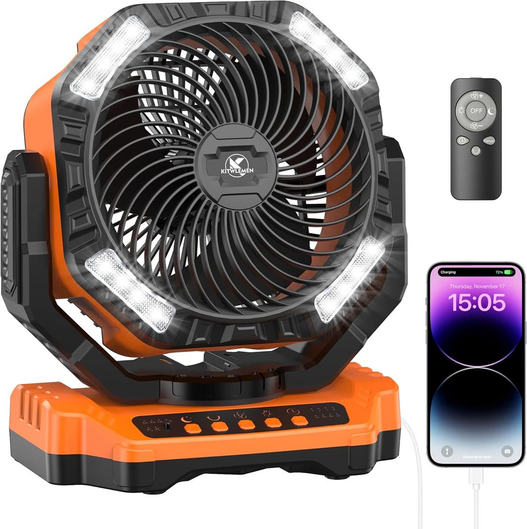 40000mAh Battery Powered Camping Fan - 136H Max Cooling, Rechargeable Battery Operated Oscillating Floor Fan with Charger, Remote & Hook, Portable for Tent Outdoor Patio Garage Hurricane Power Outage (Orange)