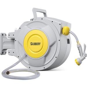 Heavy Duty hose Reel, 5/8"100 FT Retractable Garden Hose Reel Wall Mount with 8 Pattern Hose Nozzle/Auto Rewind/Any Length Lock/180Swivel Bracket