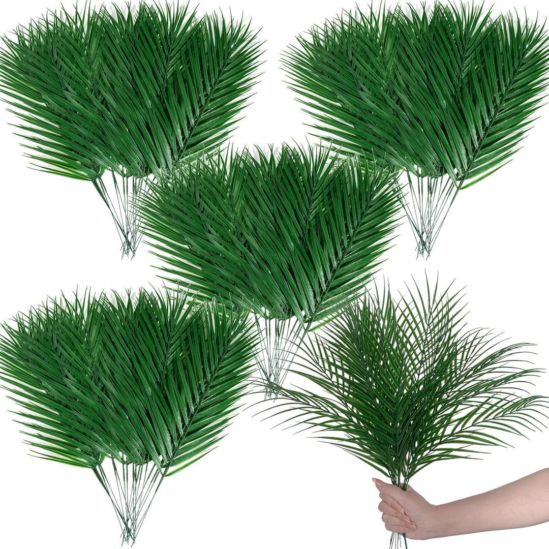 XONOR Artificial Palm Leaves, Fake Tropical Leaves, Faux Palm Leaf with Stem for Jungle Hawaiian Dinosaur Luau Party Table Decoration Wedding Birthday Theme Party Decoration (100Pcs, 16.5'')