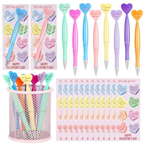Gueevin 50 Sets Christian Valentine Gifts Bulk Heart Shaped Ballpoint Pens with Bible Inspiring Words Bookmarks for Valentines Church Sunday School Women Men Employee Office Gifts
