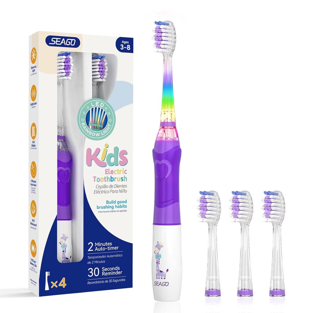 SEAGO Kids Electric Toothbrush with 2 Mins Brushing Timer and 4 Replacement Brush Heads,Rainbow LED Light Make Brushing Fun, Purple Color Girls Battery Powerd Toothbrush for 3-8 Years OldSG-977