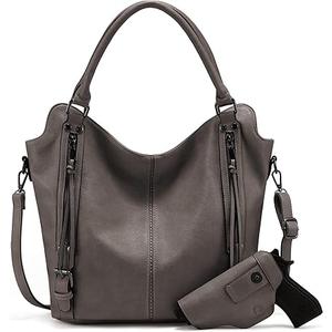 Concealed Carry Hobo Purse for Women Faux Leather Crossbody Shoulder Bags Large Tote Bag with Detachable Holster ( Grey Brown)