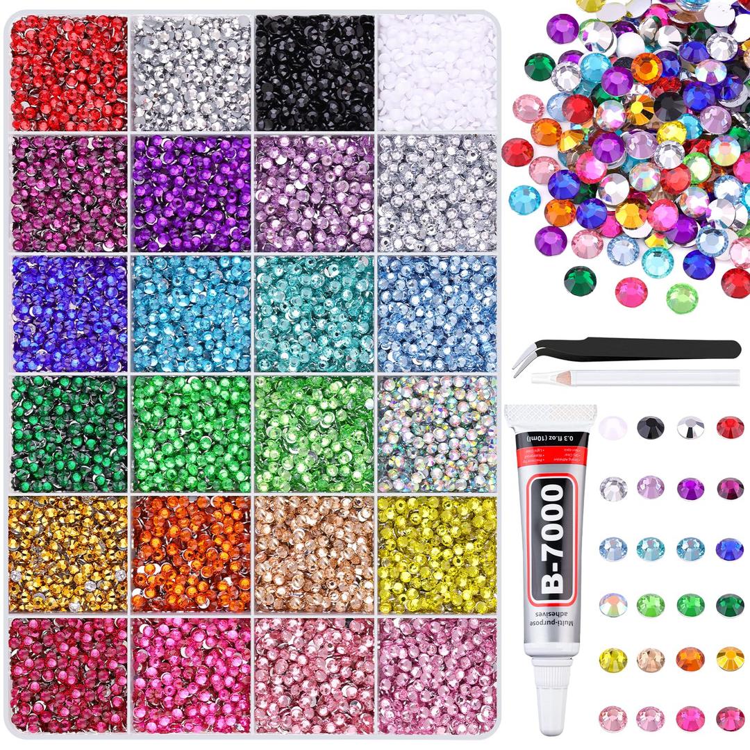 24000Pcs Resin Rhinestones for Crafting with Tweezers, Multicolor 3mm Flatback Gems with 1 Pc B7000 Jewelry Glue, Bedazzling Crystal for Crafts Clothing Tumblers Mugs Shoes Fabric Nail Art