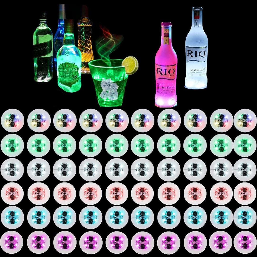 LED Drink Coasters, 60 Pack Multicolor, Round, EVA Material, 3 Lighting Modes, 24+ Hour Battery Life