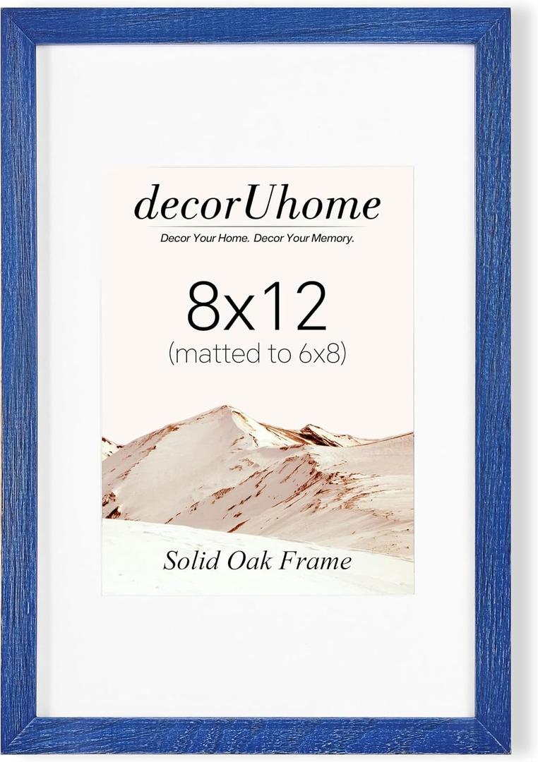 decorUhome Solid Oak Wood 8x12 Picture Frame, Display Pictures 6x8 with Mat or 8x12 without Mat, Wall & Tabletop Display Photo Frame, Blue, 1 Pack