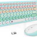 FD Wireless Keyboards and Mouse Combo - 2.4GHz USB Cordless, Cute Wireless Keyboard Round Keys, Quiet and Slim Set for Laptop, Computer, TV and Mac - Blue Pale Green Colorful
