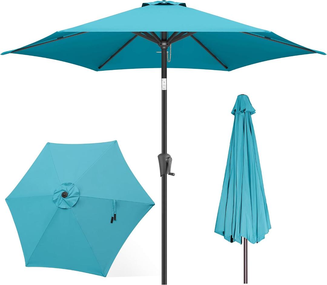 FLAME&SHADE 9ft Patio Umbrella Outdoor - Table Umbrella with Push Button Tilt and Crank, UV Protection, 6 Sturdy Ribs, Market Umbrella for Garden, Deck, Backyard, Lawn, Pool and Beach(Aqua Blue)
