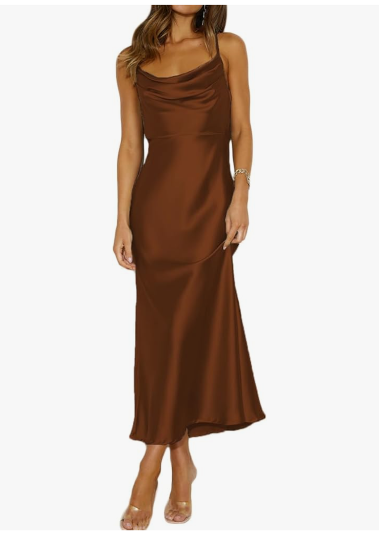 Summer Satin Spaghetti Strap Cowl Neck Backless Midi Dresses for Women Elegant Tie Low Back Ruched Cocktail Dress Size 8
