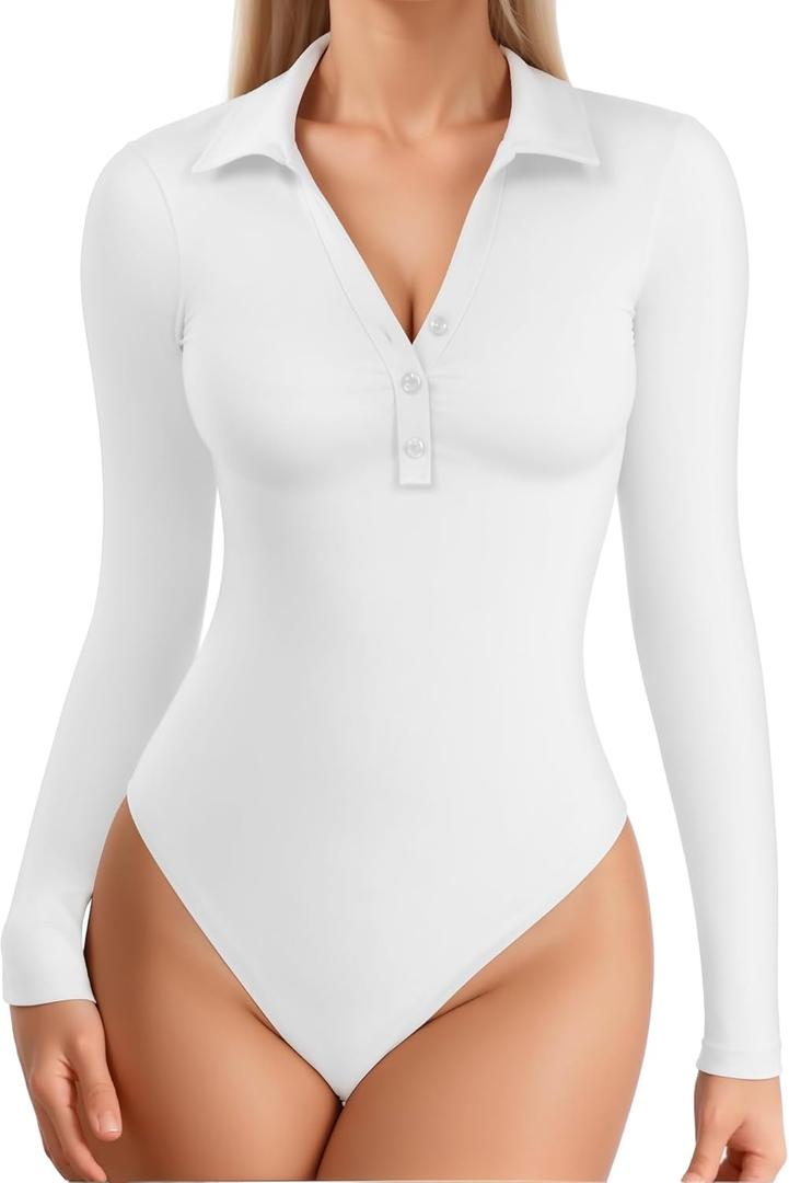 MANGOPOP Henley Bodysuit for Women Button Down Long Sleeve Tops Body Suits Dressy Blouse Casual (Small, 02 White)