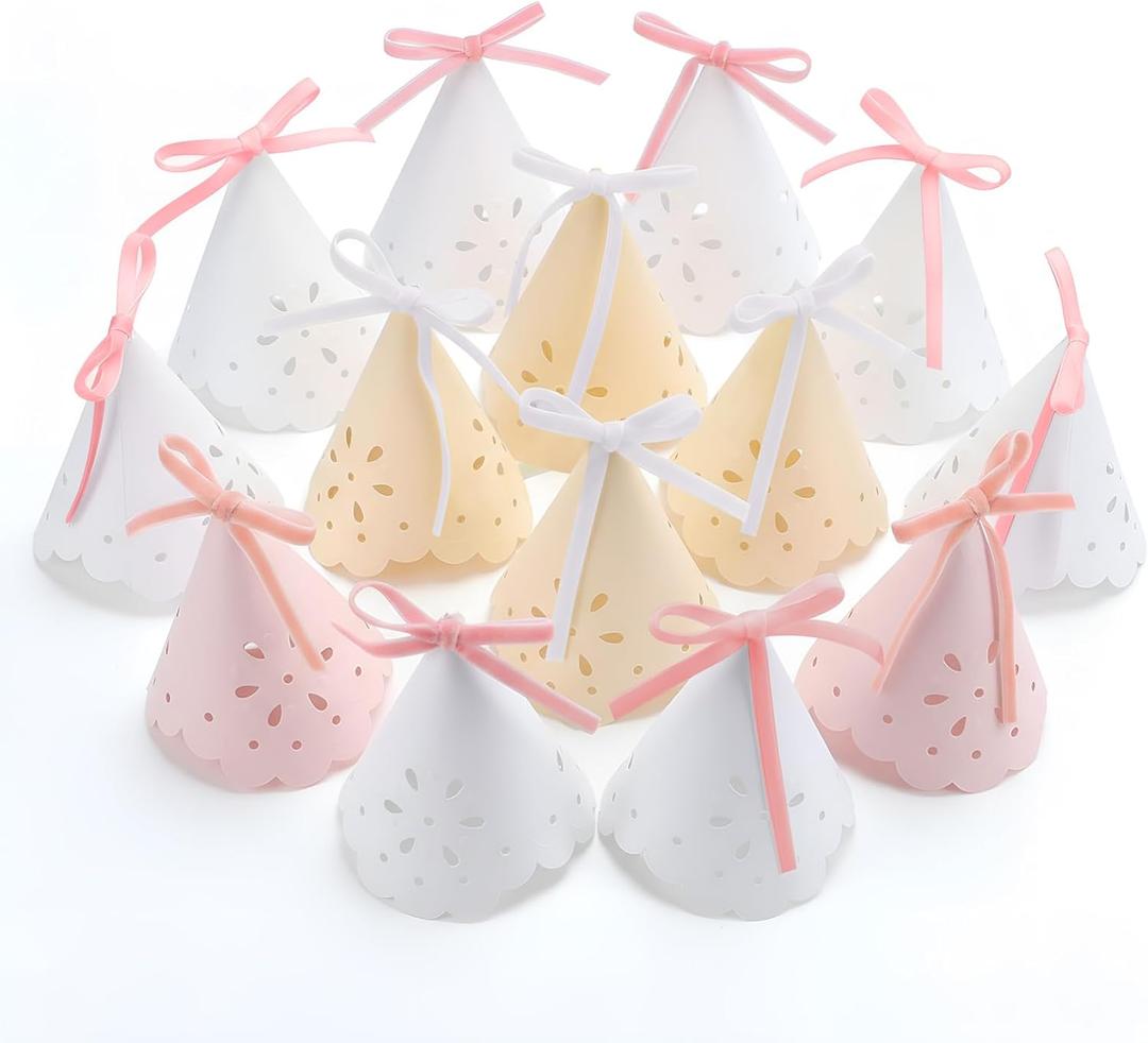 Weysat 24 Pcs Lace Pastel Party Hats Pastel Birthday Party Hats with Lace Design and Velvet Bows Paper Princess Cone Hat with Elastic String for Birthday, Baby Shower, Bridal Shower Decor, 3"x 5.5"