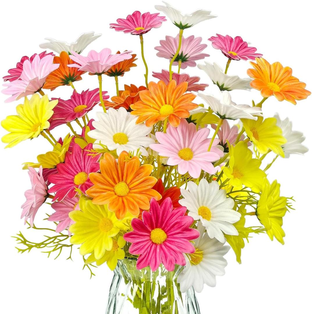 10 Bundles Fake Daisy Flowers PU Real Touch Artificial Daisy Flowers Bulk with Stems Faux Floral Arrangements for Home Decor Indoor Table Vase Centerpiece Bathroom Decoration (Multi Color)