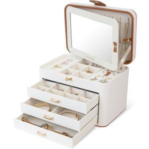 KAMIER Jewelry Boxes for Women, 4 Layer Jewelry Organizer with Mirror, 3 Drawers, Jewelry Storage Box, Christmas Gift, for Earring, Necklace, Bracelet, Ring, White