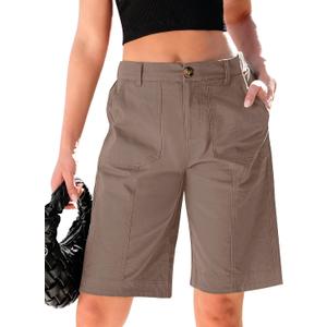 Luvamia Bermuda Shorts for Women Knee Length High Waisted Cotton Elastic Waist Summer Dressy Casual Long Chino Shorts (Brown, XXL)