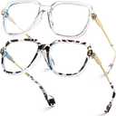 VISOONE 2 Pack Oversized Blue Light Blocking Glasses with Chic Square TR90 Frame and Metal Temple for Women Men REMY (Tortoise + Clear)