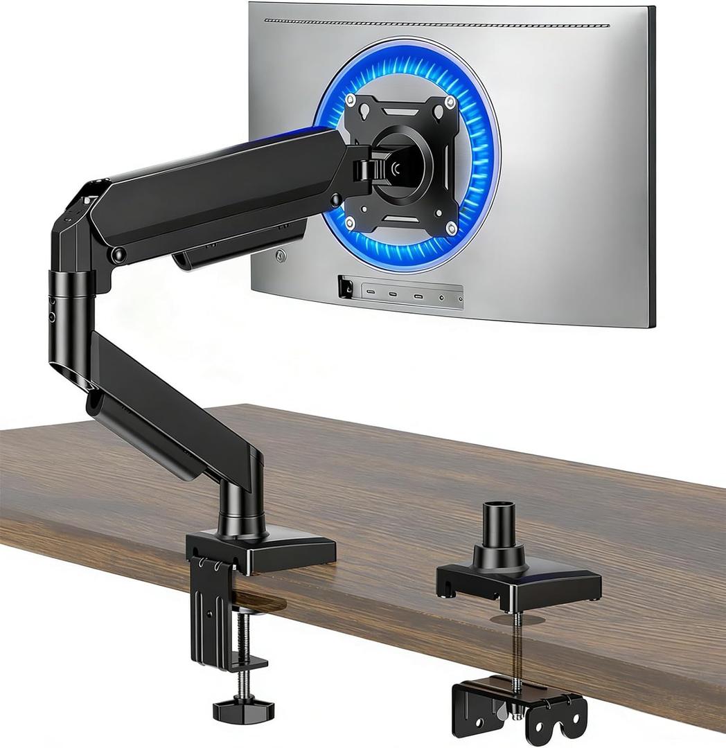 Single Monitor Arm, Monitor Mount for 17-32 inch Screens Gas Spring Adjustable Monitor Stand, Vesa Mount with Clamp and Grommet Aluminum Base - Fits 4.4 to 22lbs LCD Computer Monitors AX09DB01