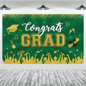 3 x Green Gold Graduation Banner Backdrop Class of 2026 Graduation Party Decorations Supplies Congrats Grad Fabric Backdrop Background for High School College University Indoor Outdoor 71 x 43 in