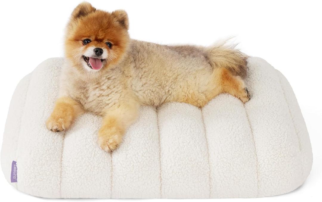 LE SURE Cute Orthopedic Dog Bed for Small Dogs, Waterproof Chic Flat Pet Beds with Removable Washable Cover, Fuzzy Thick Egg Crate Foam Pet Mat for Indoor Use (24" x 18", Cream)